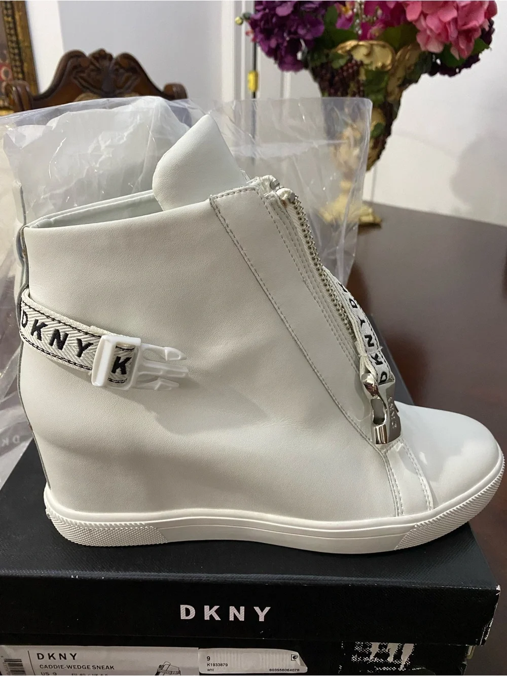 DKNY White Leather Wedge Sneaker Boot with Branded Strap